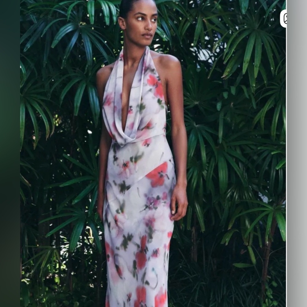 Zara Backless Halter Midi Dress in Light Purple with Coral Floral